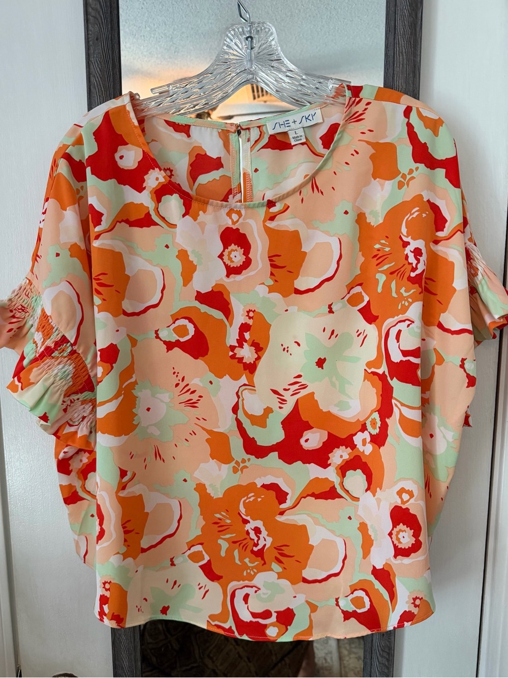 She + Sky Orange and Mint Floral Short Sleeve Blouse